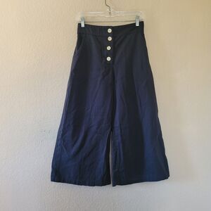 Womens Black High Rise Wide Leg Pants Small Button Fly Cropped Culottes Organic